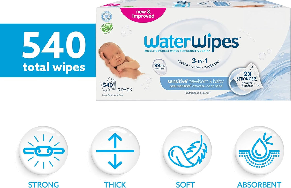 WaterWipes Sensitive+ Newborn & Baby Wipes 9 Pack – 99.9% Water, Unscented Gentle Care