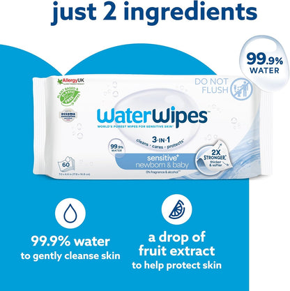 WaterWipes Sensitive+ Newborn & Baby Wipes 18 Pack – 99.9% Water, Unscented Gentle Care