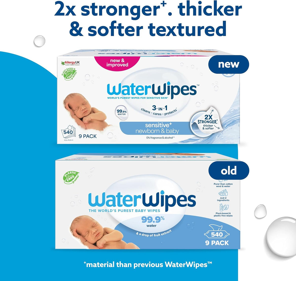 WaterWipes Sensitive+ Newborn & Baby Wipes 9 Pack – 99.9% Water, Unscented Gentle Care
